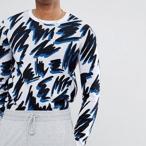 ASOS Crewneck Sweater White Blue Black modern abstract squiggle size 3XL